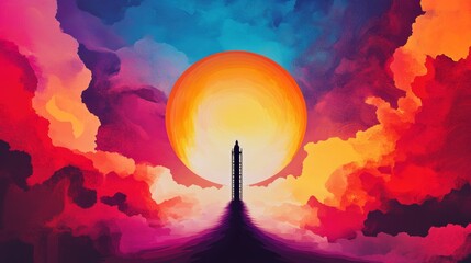 Fototapeta premium Silhouette of a tall structure against a vibrant sunset, painted with warm and cool colors. Dreamlike and surreal.