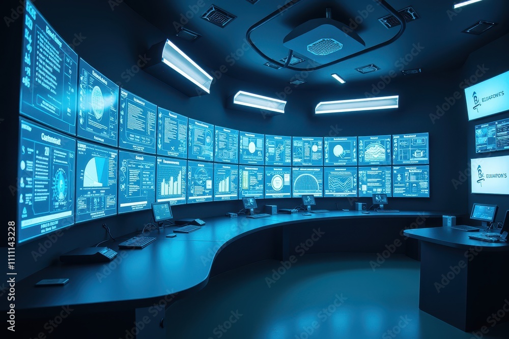 Poster high-tech control room with hologram displays in a modern monitoring facility featuring multiple scr