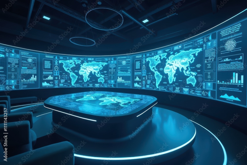 Poster high-tech control room featuring holographic displays and global data visualizations in a modern des