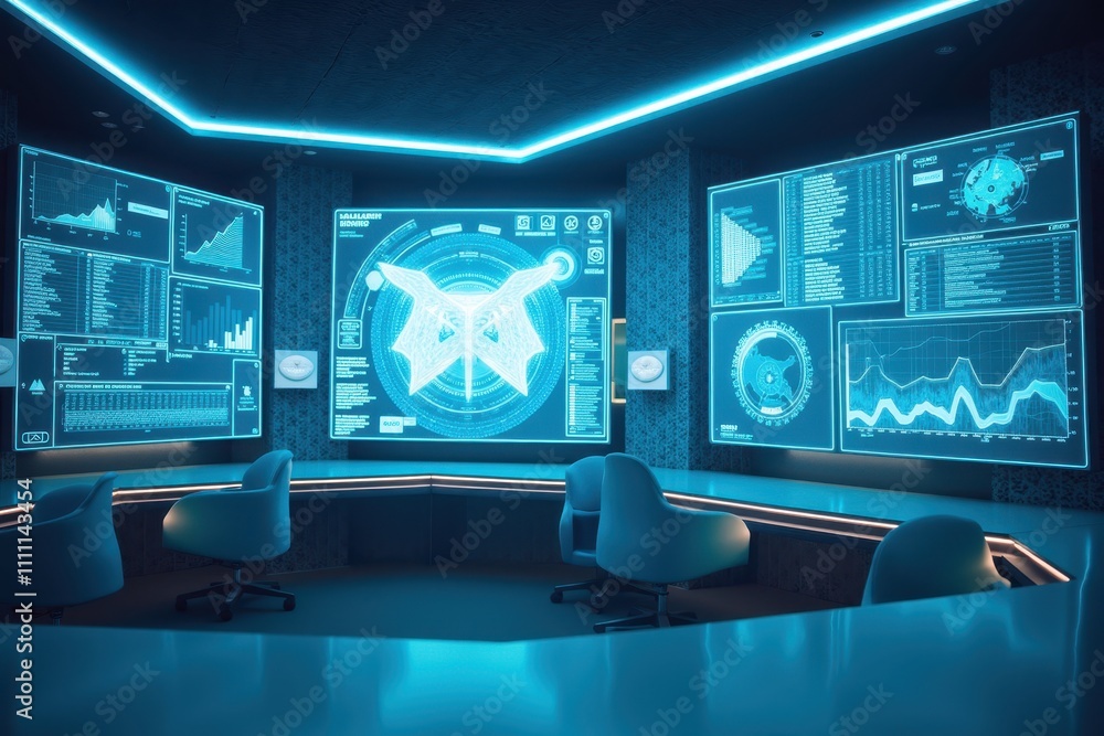 Poster futuristic control room with interactive holograms and data visualizations for high-tech environment