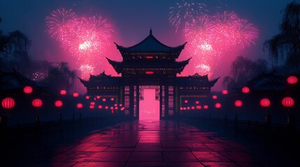 Fototapeta premium Festive Asian Gate Fireworks Lanterns Night Scene Celebration