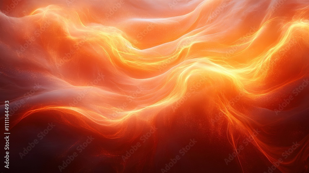 Poster abstract flowing design with warm orange and red hues representing fire and passion, evocative of en