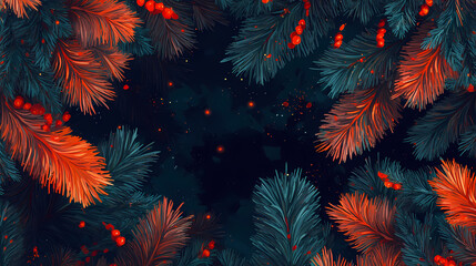 Autumnal fir needles, nocturnal tapestry, seamless design. Nocturnal. Illustration