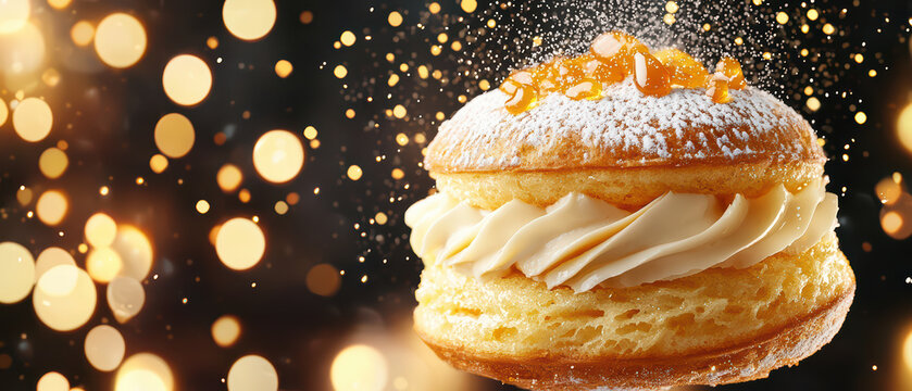 Delicious pastry with cream and caramel topping, surrounded by festive bokeh lights, creating warm and inviting atmosphere