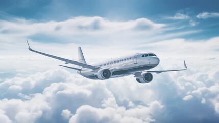 Obraz premium Commercial airplane flying above clouds in the blue sky.