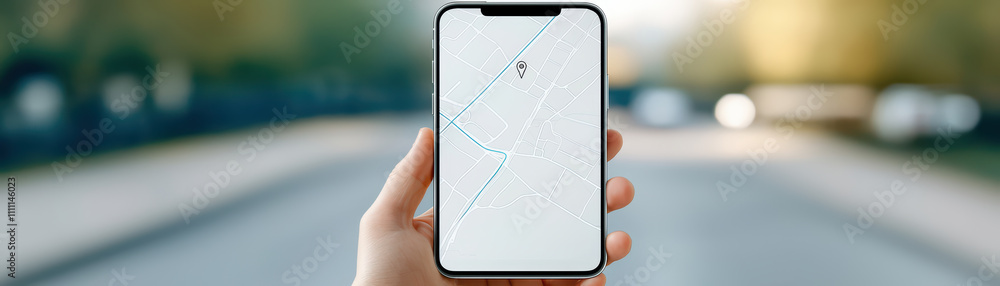 Aufkleber hand holding smartphone displaying map on blurred street. image captures essence of navigation and e