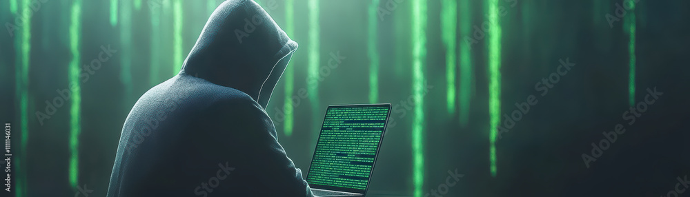 Poster hacker working on laptop with digital code background, immersed in technology. green code creates my
