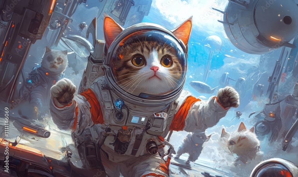 Poster a cute cat dressed in a spacesuit explores a fantastical environment with other cats in the backgrou
