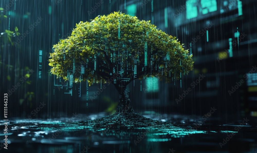 Poster a digital tree under an umbrella symbolizes protection and growth in a high-tech environment, blende
