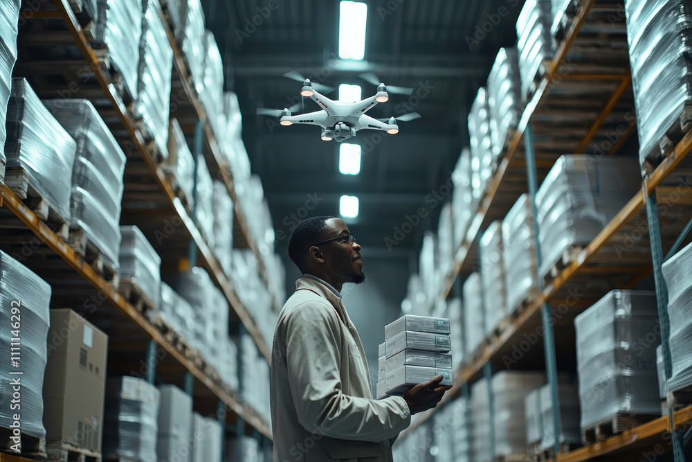 Poster logistics manager monitoring inventory with ai drone in high-tech warehouse for enhanced efficiency