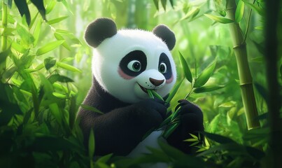 A cute panda munches on bamboo shoots, sitting among lush green foliage in the forest