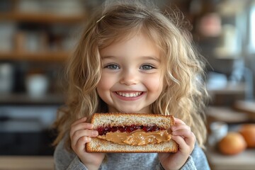 A child happily eating a peanut butter and jelly sandwich, with a big smile. Generative AI