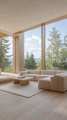 Fototapeta premium Minimalist living room with polished wood flooring, a light beige sectional, and large windows offering unobstructed views