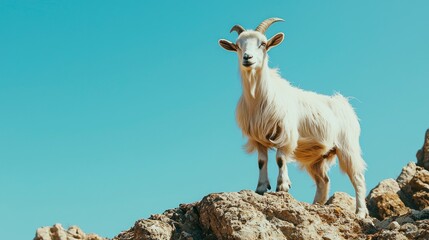 Obraz premium Goat standing on a mountain with a blue sky background
