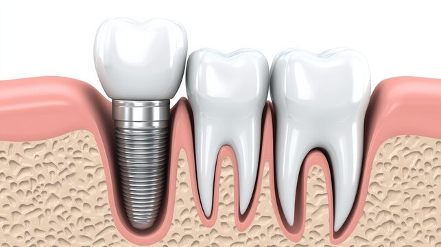 A single dental implant is displayed next to a healthy tooth, highlighting the contrast between artificial and natural dental structures. Generative AI