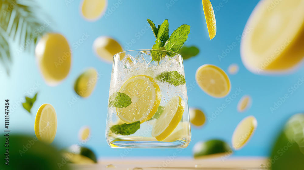 Poster refreshing lemonade with mint and lemon slices in glass, surrounded by floating lemon slices and min
