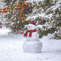 Fototapeta premium A winter wonderland scene with a snowman in a snow-covered park. the snowman is adorned with a scarf, hat, and a carrot nose. In the background, a line of decorated pine trees adds a festive touch.