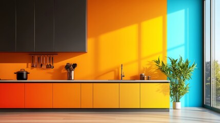 Vibrant kitchen with orange and teal walls, modern dark grey cabinets, and a sleek design. Sunlight streams in, illuminating the space.