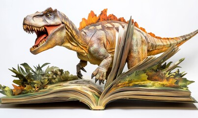 Obraz premium A fearsome dinosaur springing from a pop-up book, blending the world of imagination with prehistoric reality