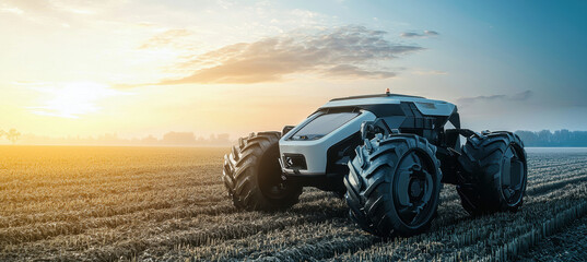Obraz premium Futuristic Autonomous Tractor in Sunrise Field - Agriculture Technology Design for Poster