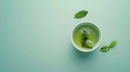 Fresh green tea, minimal design, mint leaves garnish, light green background, herbal tea, wellness drink, top view, organic concept, copy space

