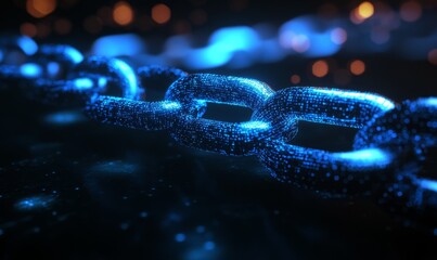 A digital chain made of glowing blue links, symbolizing blockchain technology and secure connections in a virtual network.