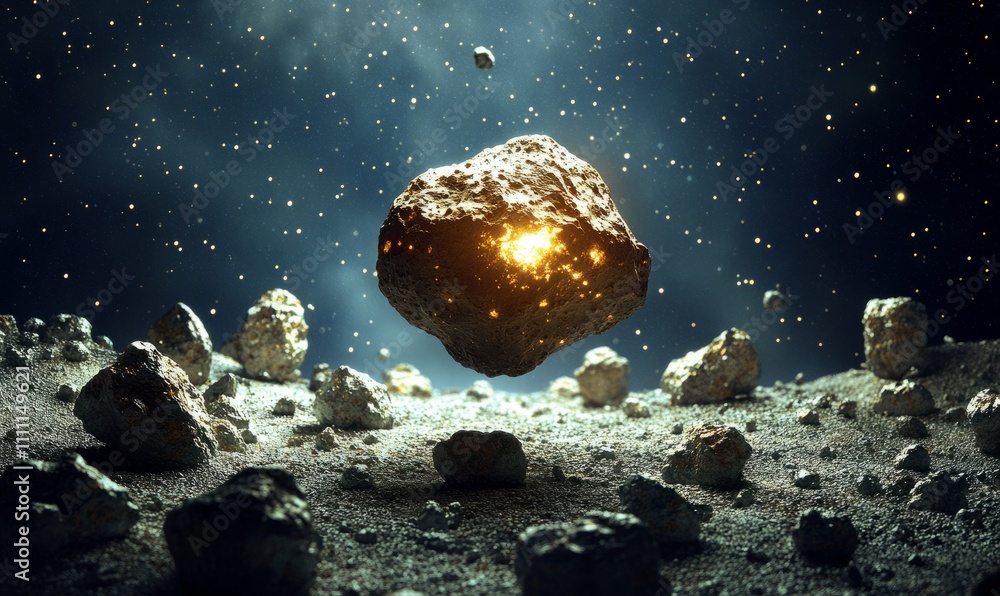 Poster a glowing asteroid floating amidst a field of smaller rocks, set against the backdrop of a starry sk
