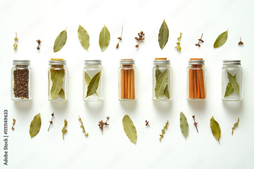 Poster Small jars filled with vibrant spices are arranged alongside bay leaves and cinnamon sticks, creating an inviting display of aromas and flavors. Generative AI