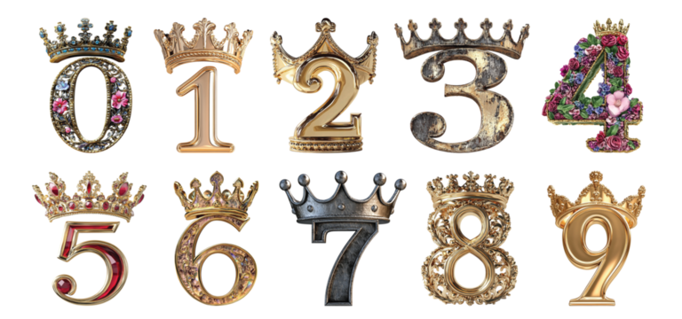 Pack 0 to 9 Numbers with Crown Style set Against a Transparent Background for Royal Designs, Luxury Branding, or Regal Typography Applications