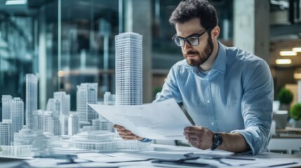 Architect Analyzing Virtual 3D Models of Building Design in Modern Office Setting