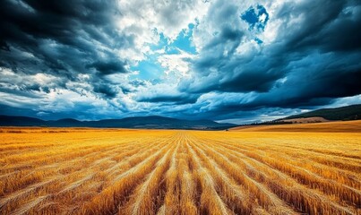 A golden field stretches under a dramatic sky with dark clouds and distant mountains