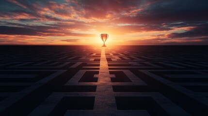 A golden trophy sits at the end of a complex maze, bathed in the warm glow of a vibrant sunset.  A path to success.