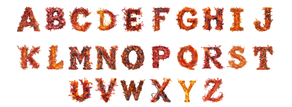 Pack A to Z in Fire Style set Against a Transparent Background for Fiery Designs, Bold Branding, or Dynamic Typography Applications