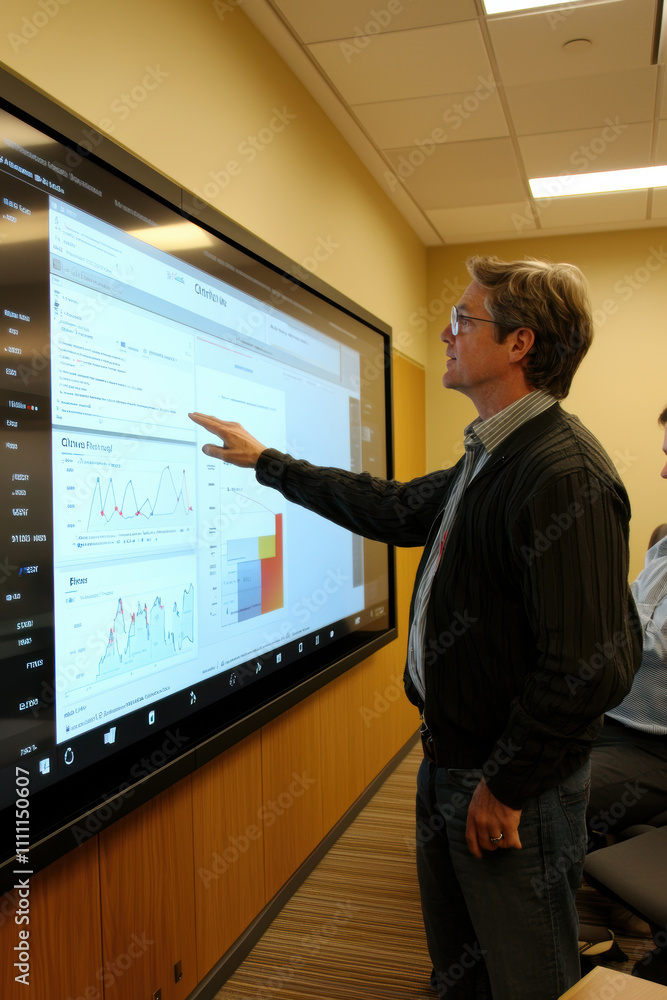 Poster business consultant presenting ai data insights on touchscreen in professional setting