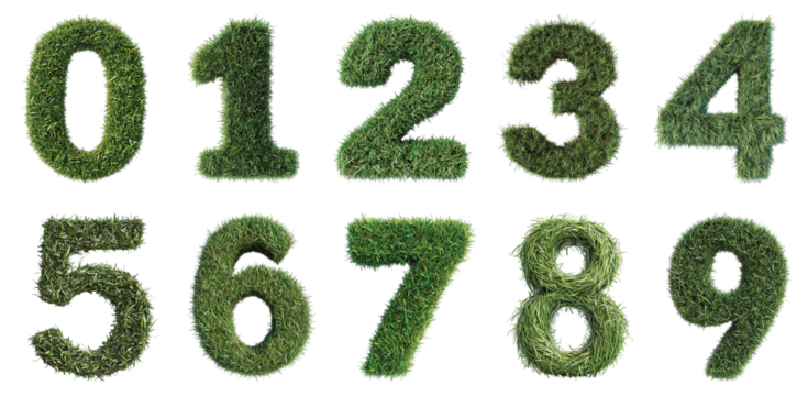 Pack 0 to 9 Numbers in Grass Style set Against a Transparent Background for Nature Designs, Fresh Branding, or Eco-Friendly Typography Applications