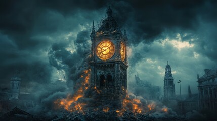 Burning clock tower, apocalyptic city, ominous sky.
