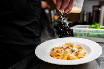 A chef sprinkles grated cheese over a plate of steaming pasta in a professional kitchen. The dish features rigatoni with a rich sauce, showcasing culinary artistry and attention to detail.