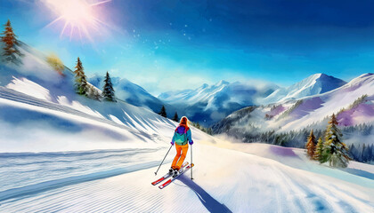 A womanskiing alone in the mountains. Bright blue sky, sunny weather. Watercolor illustration, holiday postcard template for sport industry.