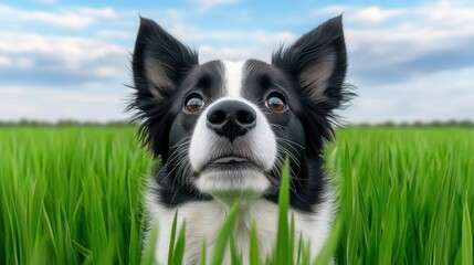 a border collie with one ear up and one ear down, giving a puzzled expression in a green field