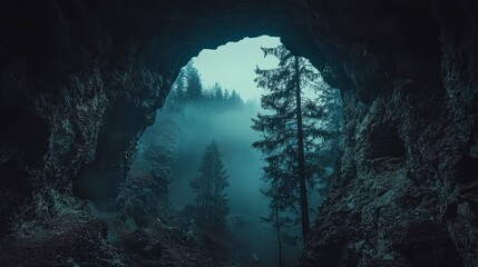 Misty cave opening to a forest with sunlight filtering through