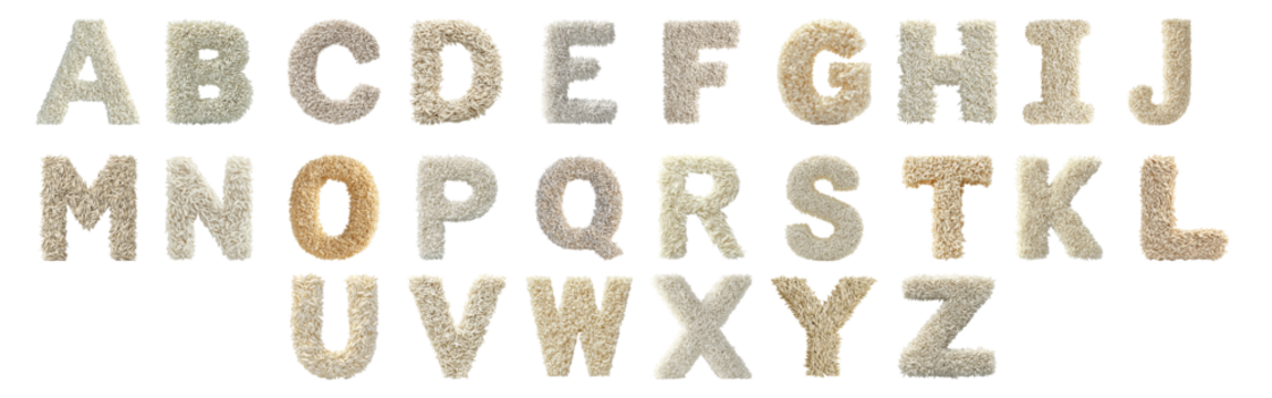 Pack A to Z in Rice Style set Against a Transparent Background for Natural Designs, Organic Branding, or Textured Typography Applications