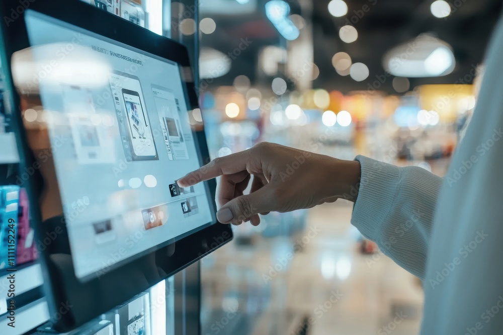 Poster ai-powered touch screen device guide in modern electronics store retail experience