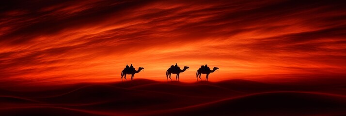 Fototapeta premium Three camels silhouette against a fiery sunset. Dramatic desert landscape.