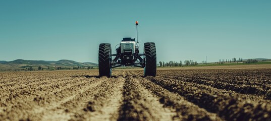 Obraz premium Robotic Tractor Planting Seeds with Precision Against Clear Blue Sky in Modern Agriculture Setting