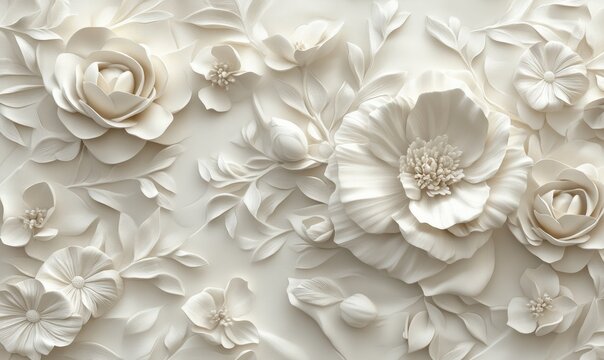 A delicate and intricate floral design featuring softly sculpted flowers in cream tones, creating a serene and elegant pattern