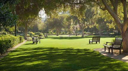 Serene Public Park Scene, tranquil green lawns, scattered trees, inviting benches, perfect for relaxation and enjoying nature on a sunny day, ideal for outdoor leisure and community activities.