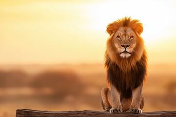 A lion is sitting on a log in front of a sunset