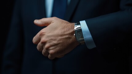 A man wearing a suit and tie is holding his wrist and showing his watch