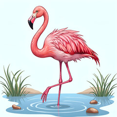 Vibrant pink flamingo standing gracefully in a tranquil water scene, digital illustration of nature design concept.