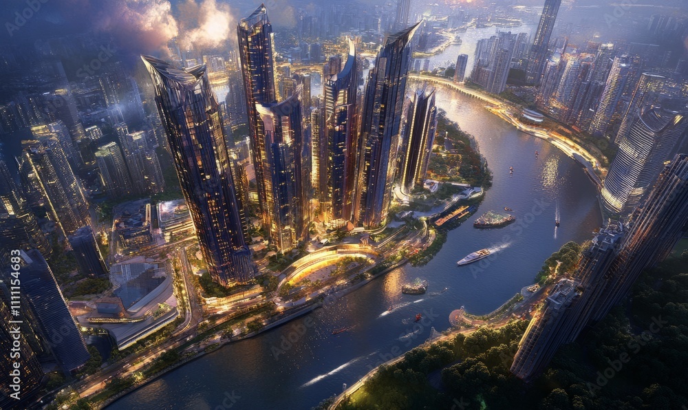 Poster a dynamic view from above, looking down on a cluster of towering skyscrapers next to a river